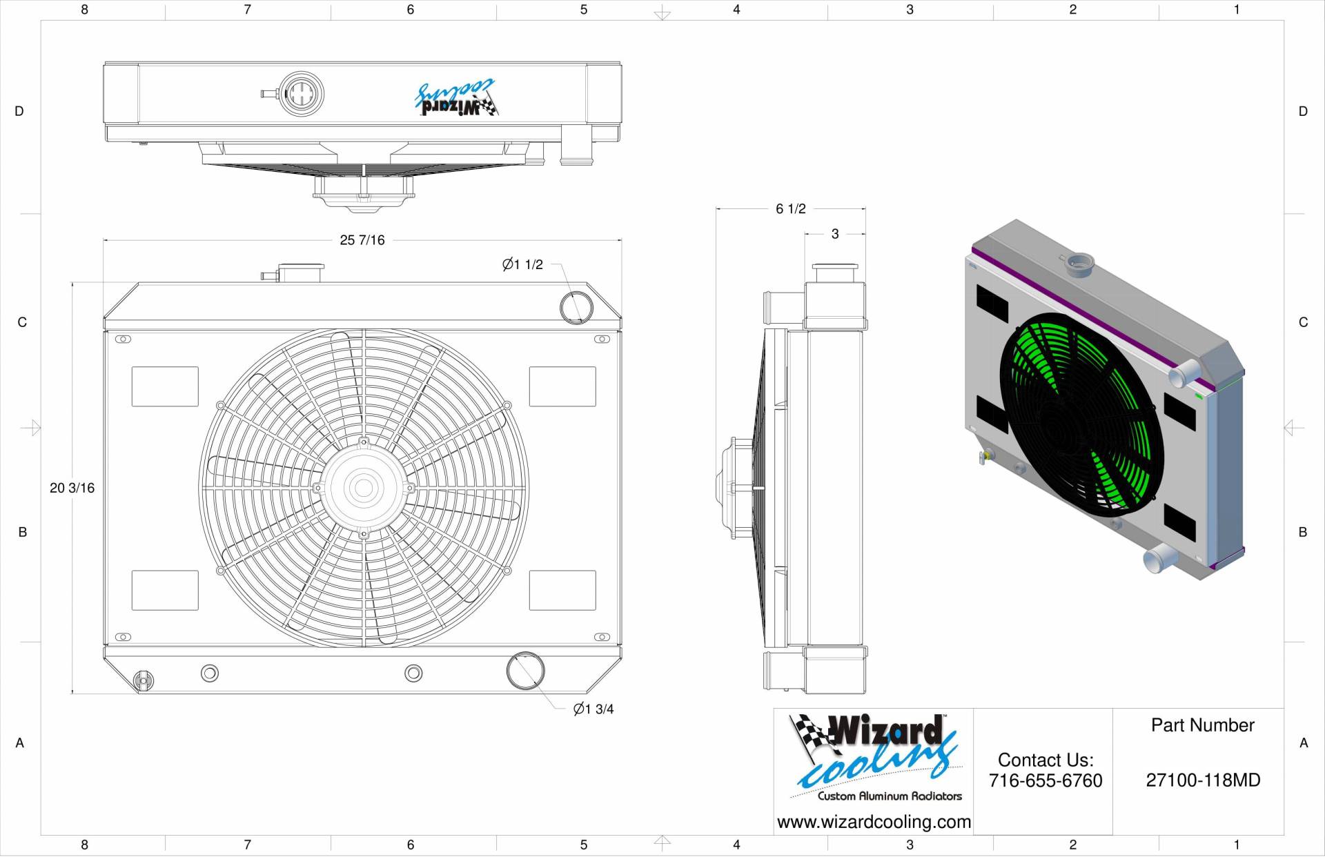 Wizard Cooling Inc - 1964-1965 Pontiac GTO/Lemans/Tempest Aluminum Radiator (15.5" Core, Driver side Radiator Cap, Standard Brush Shroud) - 27100-108MD