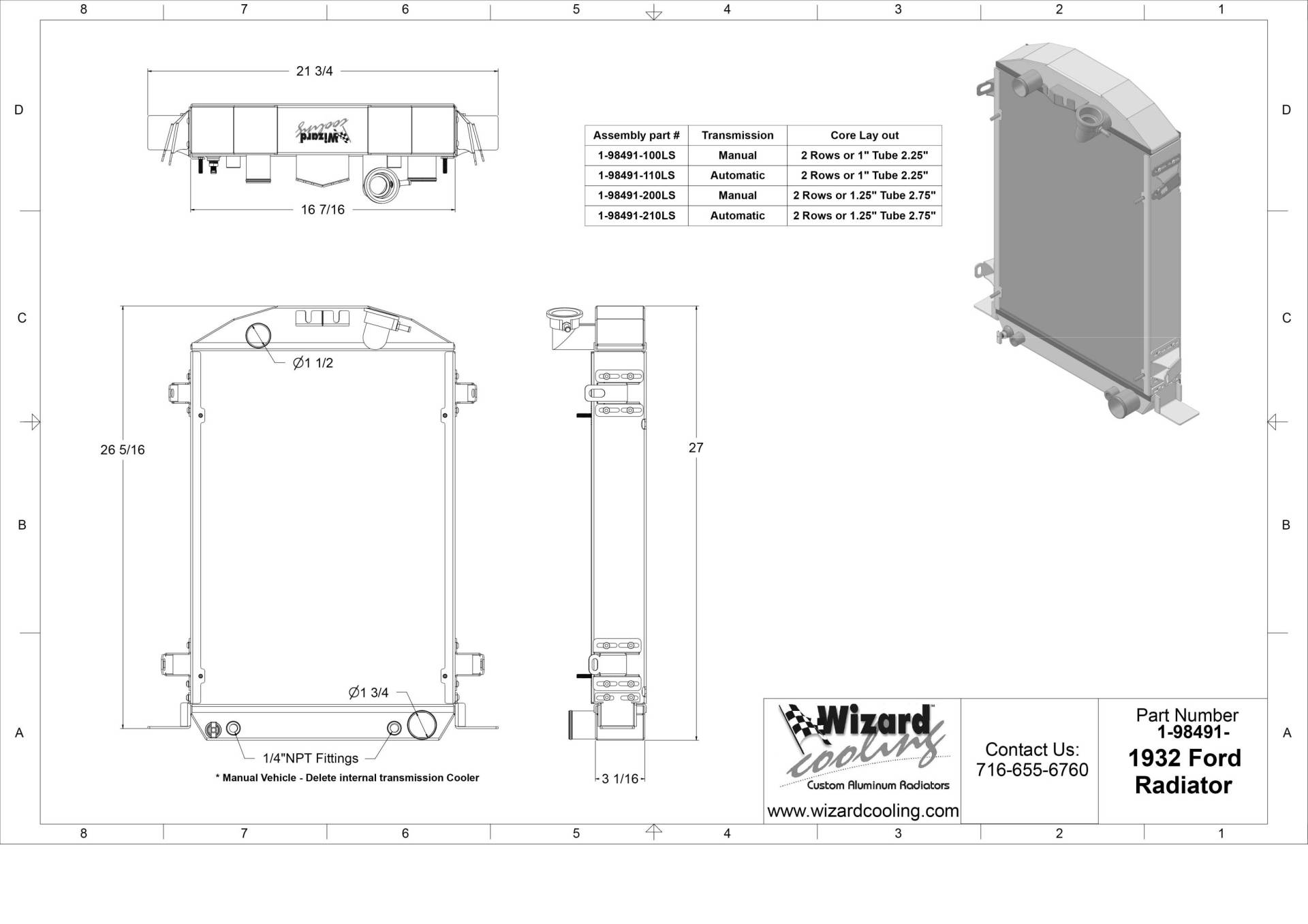 Wizard Cooling Inc - 1932 Ford Truck & Car (CHEVY V8) Aluminum Radiator - 98491-200