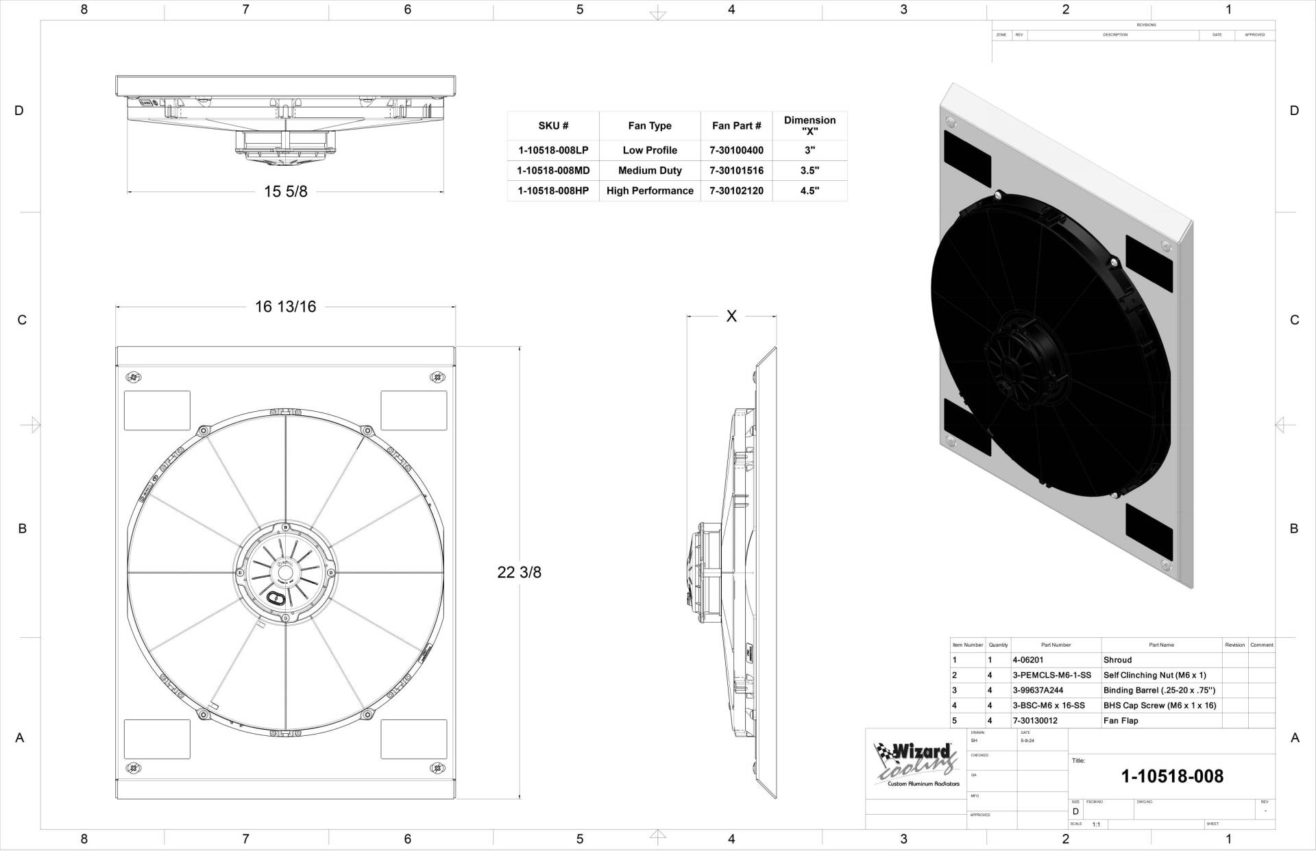 Wizard Cooling Inc - 1937 Chevrolet Car - HIGH PERFORMANCE Fan and Shroud - 10518-008HP